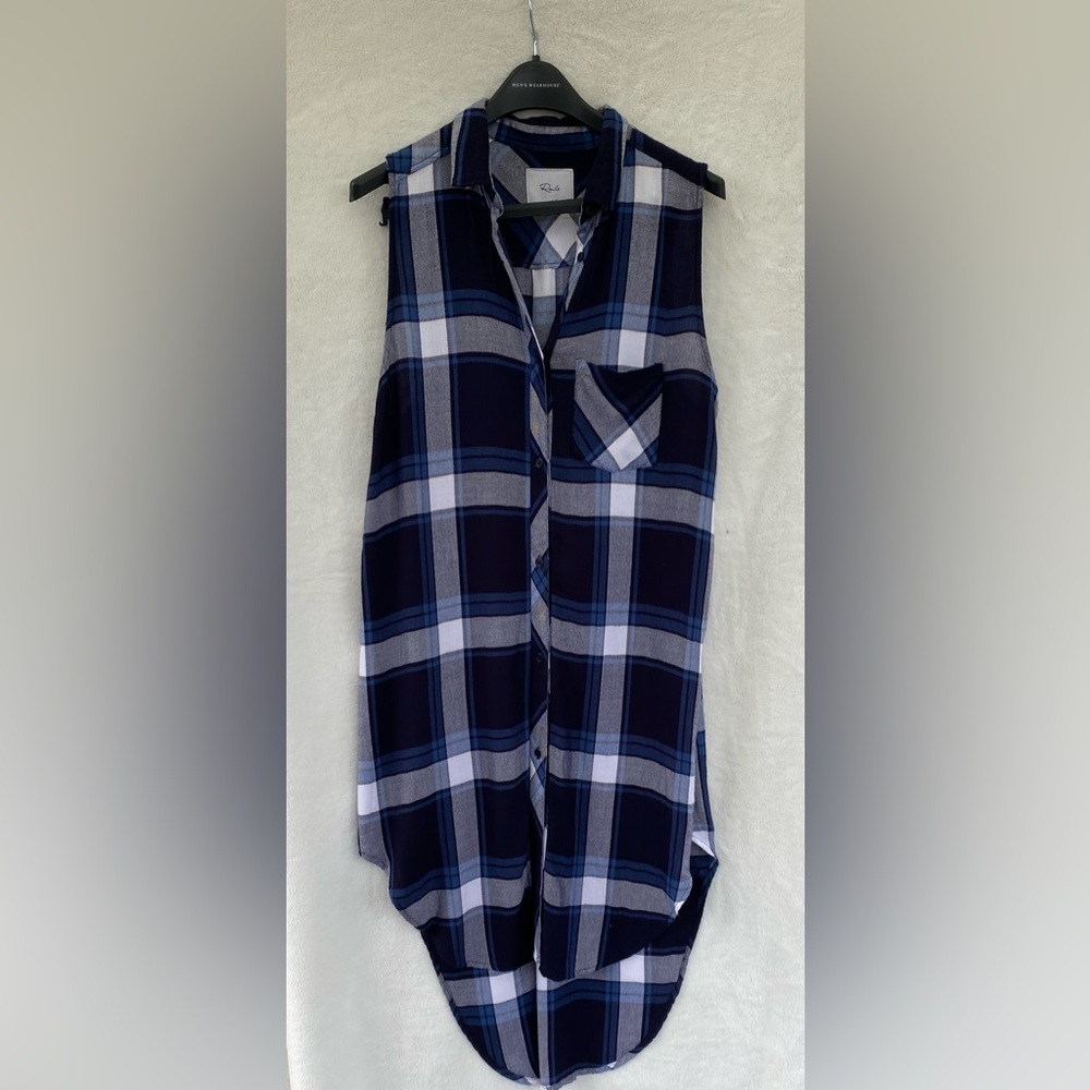 Rails Large Blue Jordyn Top Plaid Side Split Tunic Flannel Collared Long